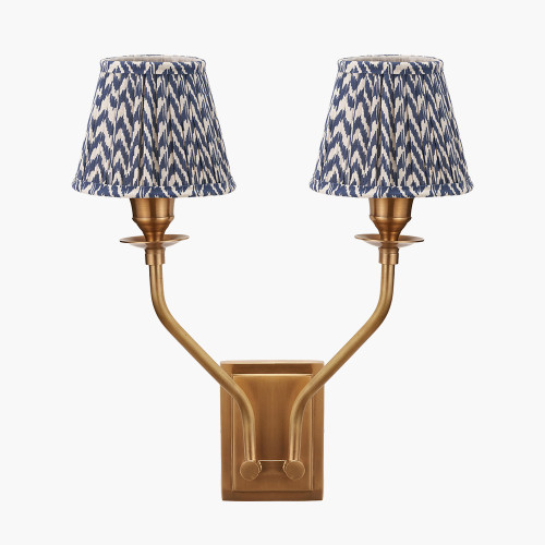 pacific lifestyle Tatiana Antique Brass Metal Double Wall Light with Vienna 16cm Blue Chevron Mushroom Pleat Lampshade