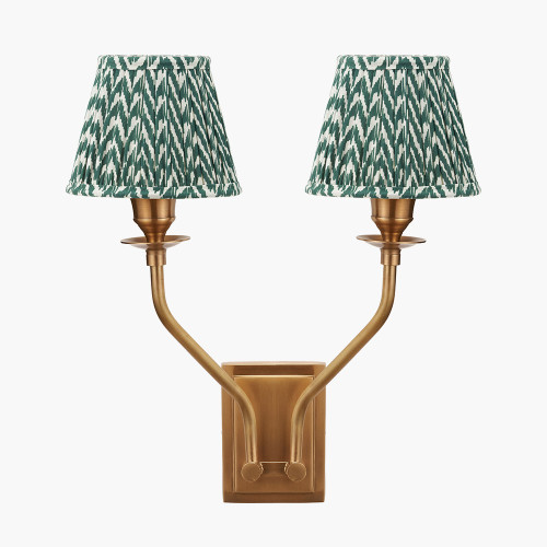 pacific lifestyle Tatiana Antique Brass Metal Double Wall Light with Vienna 16cm Forest Green Chevron Mushroom Pleat Lampshade