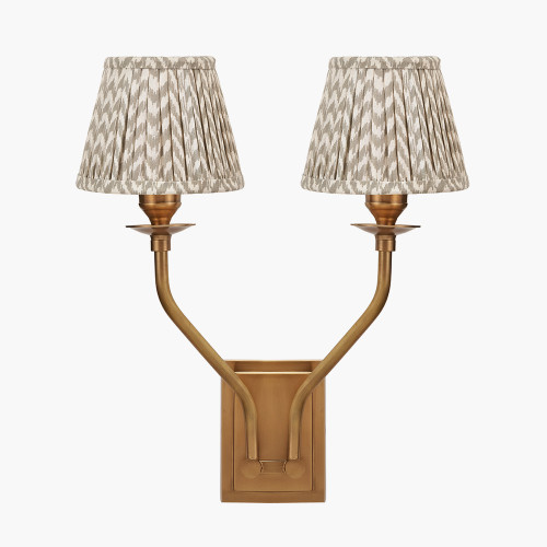 pacific lifestyle Tatiana Antique Brass Metal Double Wall Light with Vienna 16cm Taupe Chevron Mushroom Pleat Lampshade