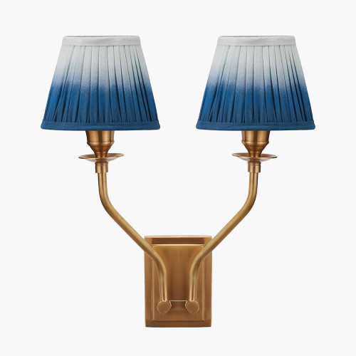 pacific lifestyle Tatiana Antique Brass Metal Double Wall Light with Scallop 16cm Blue Ombre Soft Pleated Tapered Lampshade