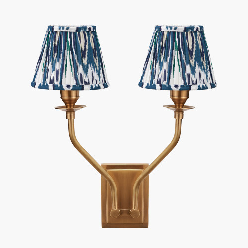 pacific lifestyle Tatiana Antique Brass Metal Double Wall Light with Izara 16cm Ocean Blue Ikat Patterned Mushroom Pleat Tapered Lampshade