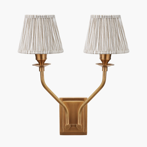 pacific lifestyle Tatiana Antique Brass Metal Double Wall Light with Thiago 16cm Natural Stripe Mushroom Pleat Tapered Lampshade
