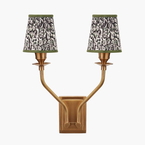 pacific lifestyle Tatiana Antique Brass Metal Double Wall Light with Ornella 14cm Green Floral Design Mushroom Pleat Tall Tapered Candle Clip Lampshade