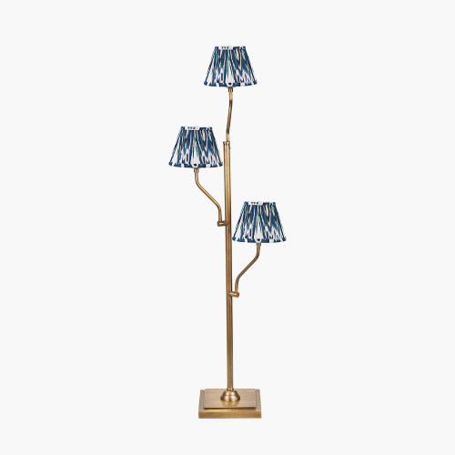 pacific lifestyle Tatiana Antique Brass Metal Floor Lamp Base with Izara 16cm Ocean Blue Ikat Patterned Mushroom Pleat Tapered Lampshade