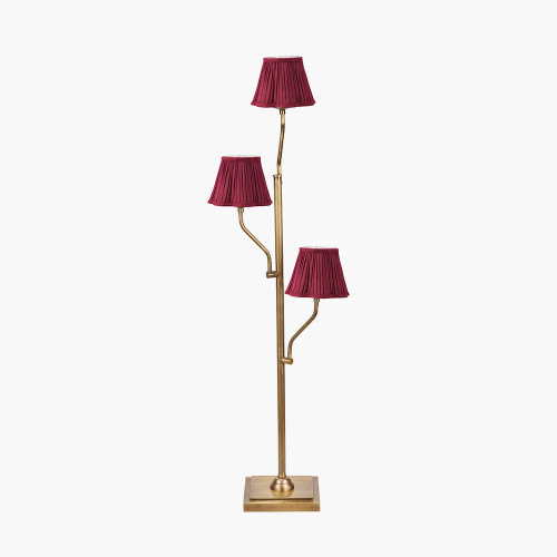 pacific lifestyle Tatiana Antique Brass Metal Floor Lamp Base with Malia 18cm Mulberry Red Mushroom Pleat Scalloped Tapered Lamp Shade