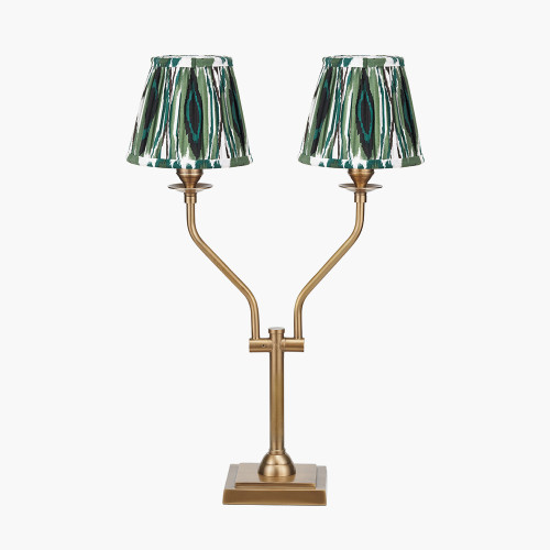 pacific lifestyle Tatiana Antique Brass Metal Table Lamp Base with Izara 16cm Racing Green Ikat Patterned Mushroom Pleat Tapered Lampshade