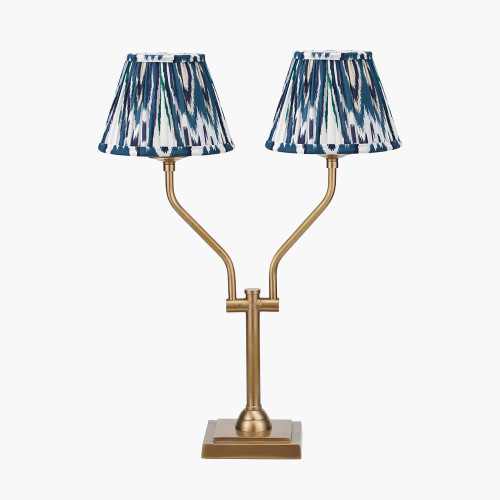 pacific lifestyle Tatiana Antique Brass Metal Table Lamp Base with Izara 16cm Ocean Blue Ikat Patterned Mushroom Pleat Tapered Lampshade