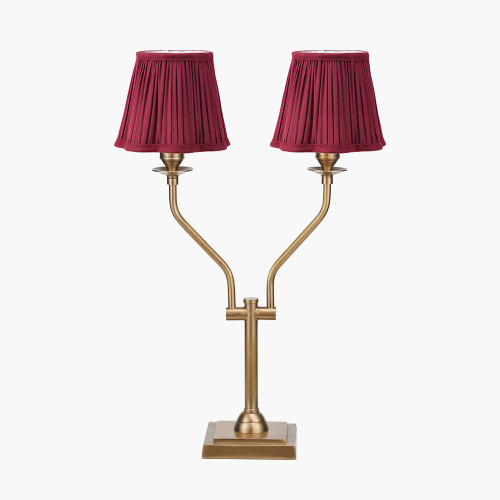 pacific lifestyle Tatiana Antique Brass Metal Table Lamp Base with Malia 18cm Mulberry Red Mushroom Pleat Scalloped Tapered Lamp Shade