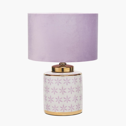 pacific lifestyle Thea Lillac and Gold Leaf Ceramic Table Lamp Base with Rene 35cm Blush Velvet Cylinder Lampshade