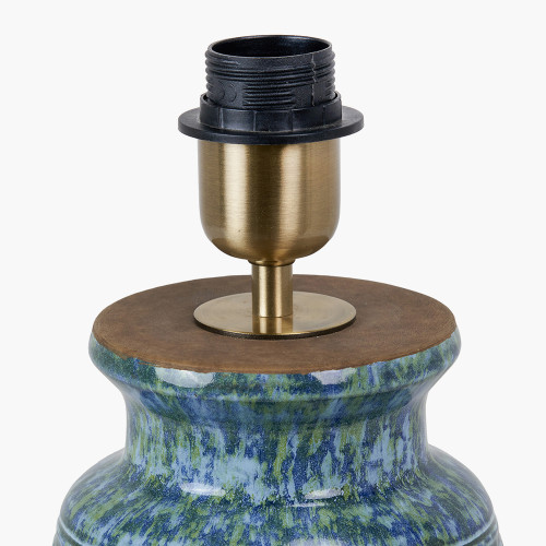 Pacific Lifestyle Theano Dot Design Blue Glaze Table Lamp Base With Lino 30cm White Self Lined Linen Cylinder Lampshade