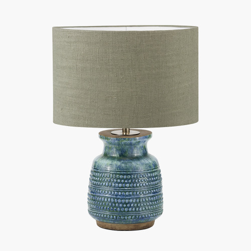 pacific lifestyle Theano Dot Design Blue Glaze Table Lamp Base with Edward 30cm Pistachio Green Linen Cylinder Lampshade