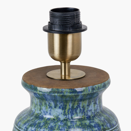 Pacific Lifestyle Theano Dot Design Blue Glaze Table Lamp Base With Edward 30cm Natural Linen Cylinder Lampshade
