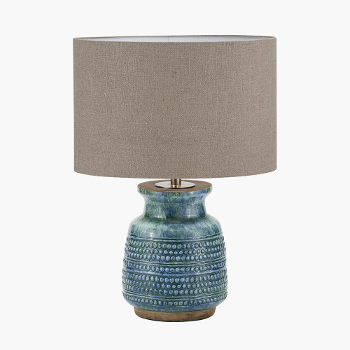 pacific lifestyle Theano Dot Design Blue Glaze Table Lamp Base with Edward 30cm Natural Linen Cylinder Lampshade