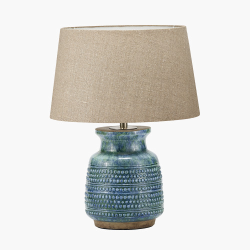 pacific lifestyle Theano Dot Design Blue Glaze Table Lamp Base with Milos 30cm Natural Linen Tapered Lampshade