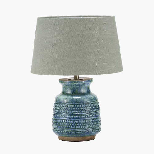 pacific lifestyle Theano Dot Design Blue Glaze Table Lamp Base with Milos 30cm Pistachio Green Linen Tapered Lampshade