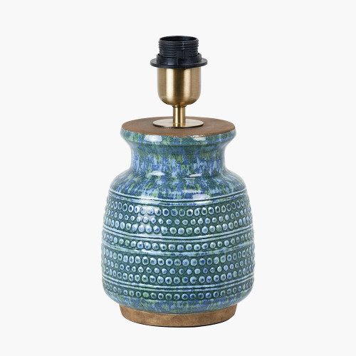 Pacific Lifestyle Theano Dot Design Blue Glaze Table Lamp Base With Lys 30cm White Self Lined Linen Tapered Lampshade