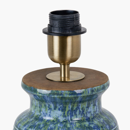 Pacific Lifestyle Theano Dot Design Blue Glaze Table Lamp Base With Lys 30cm White Self Lined Linen Tapered Lampshade