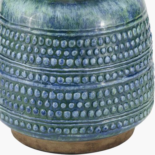 Pacific Lifestyle Theano Dot Design Blue Glaze Table Lamp Base With Lys 30cm White Self Lined Linen Tapered Lampshade