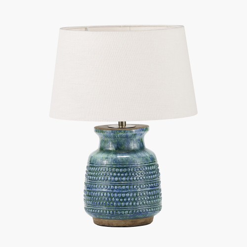 pacific lifestyle Theano Dot Design Blue Glaze Table Lamp Base with Lys 30cm White Self Lined Linen Tapered Lampshade