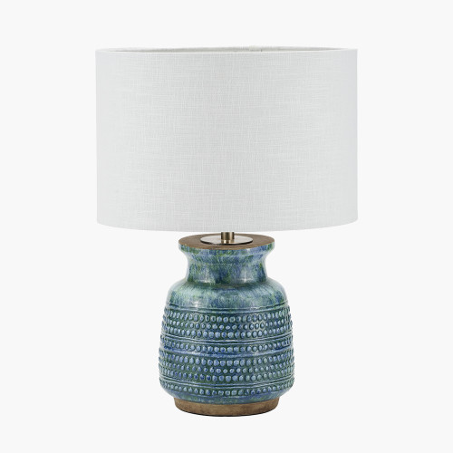 pacific lifestyle Theano Dot Design Blue Glaze Table Lamp Base with Lino 30cm White Self Lined Linen Cylinder Lampshade