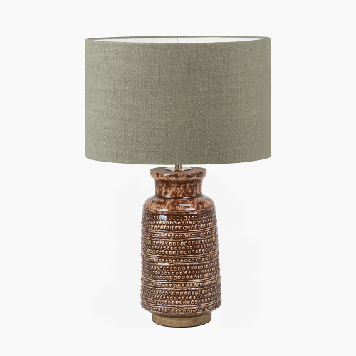 pacific lifestyle Theano Dot Design Brown Glaze Tall Table Lamp Base with Edward 35cm Pistachio Green Linen Cylinder Lampshade