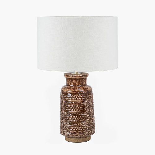pacific lifestyle Theano Dot Design Brown Glaze Tall Table Lamp Base with Lino 35cm White Self Lined Linen Cylinder Lampshade