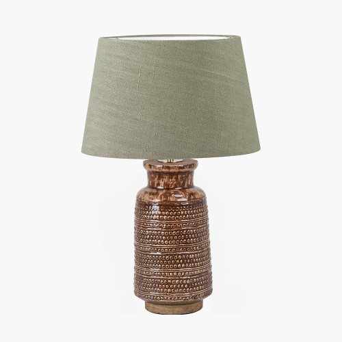 pacific lifestyle Theano Dot Design Brown Glaze Tall Table Lamp Base with Milos 35cm Pistachio Green Linen Tapered Lampshade