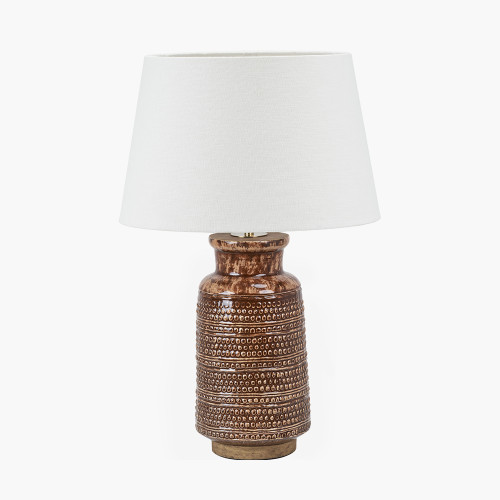 pacific lifestyle Theano Dot Design Brown Glaze Tall Table Lamp Base with Lys 35cm White Self Lined Linen Tapered Lampshade