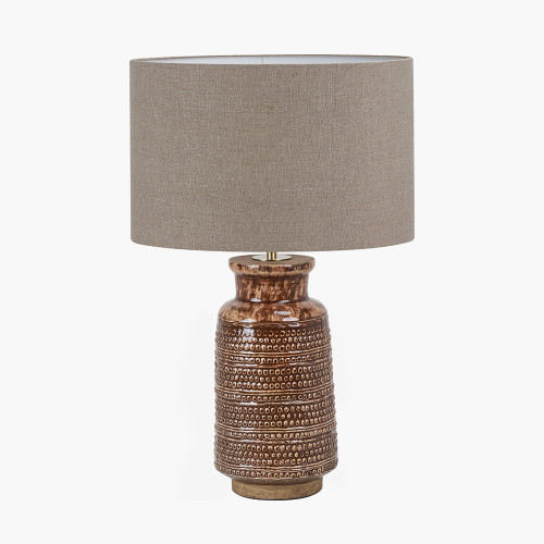 pacific lifestyle Theano Dot Design Brown Glaze Tall Table Lamp Base with Edward 35cm Natural Linen Cylinder Lampshade