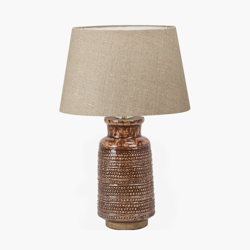 pacific lifestyle Theano Dot Design Brown Glaze Tall Table Lamp Base with Milos 35cm Natural Linen Tapered Lampshade