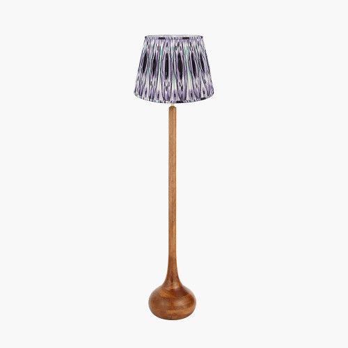 pacific lifestyle Toma Oiled Wood Tall Neck Floor Lamp Base with Izara 45cm Lilac Ikat Patterned Mushroom Pleat Tapered Lampshade