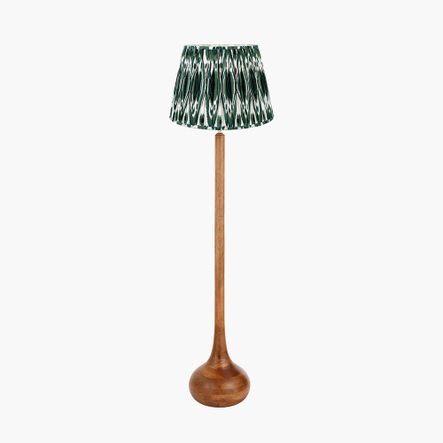 pacific lifestyle Toma Oiled Wood Tall Neck Floor Lamp Base with Izara 45cm Racing Green Ikat Patterned Mushroom Pleat Tapered Lampshade