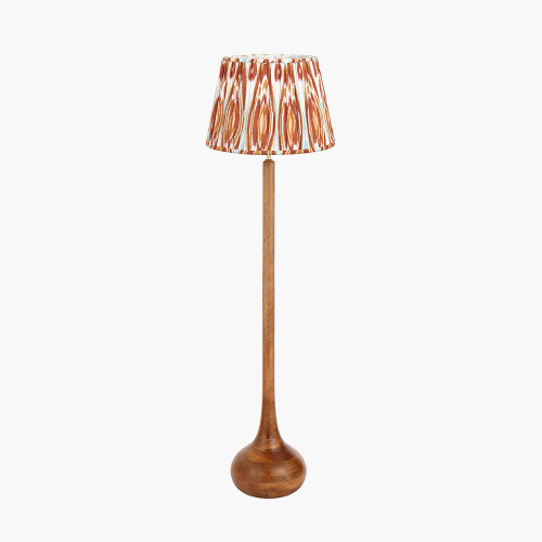 pacific lifestyle Toma Oiled Wood Tall Neck Floor Lamp Base with Izara 45cm Cinnamon Ikat Patterned Mushroom Pleat Tapered Lampshade