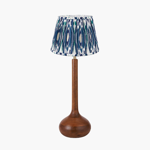 pacific lifestyle Toma Oiled Wood Tall Neck Table Lamp Base with Izara 35cm Ocean Blue Ikat Patterned Mushroom Pleat Tapered Lampshade