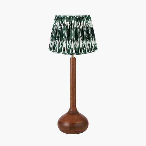 pacific lifestyle Toma Oiled Wood Tall Neck Table Lamp Base with Izara 35cm Racing Green Ikat Patterned Mushroom Pleat Tapered Lampshade