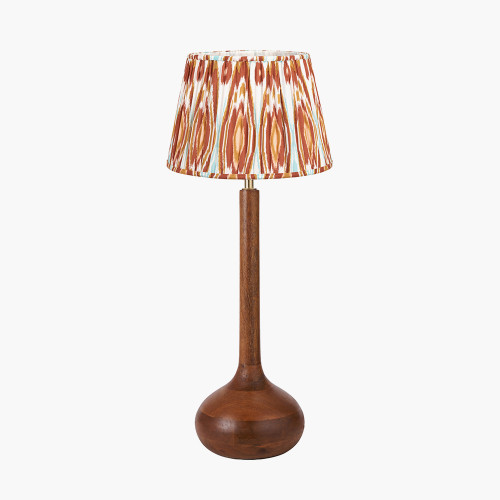 pacific lifestyle Toma Oiled Wood Tall Neck Table Lamp Base with Izara 35cm Cinnamon Ikat Patterned Mushroom Pleat Tapered Lampshade