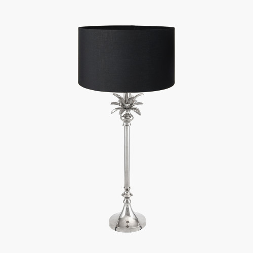 pacific lifestyle Trafalgar Nickel Metal Palm Tree Table Lamp Base with Harry 30cm Black Cotton Mix Cylinder Lampshade