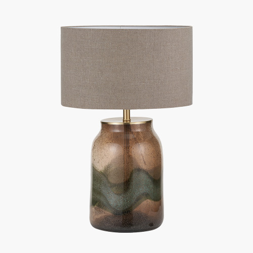 pacific lifestyle Valtellina Brown and Green Glass Table Lamp Base with Edward 35cm Natural Linen Cylinder Lampshade