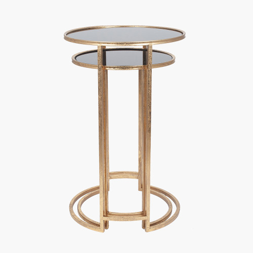 Pacific Lifestyle Veneziano S/2 Antique Gold Metal And Black Glass Side Tables