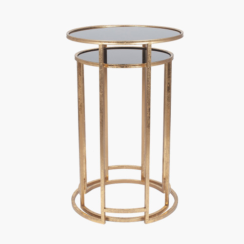 pacific lifestyle Veneziano S/2 Antique Gold Metal and Black Glass Side Tables