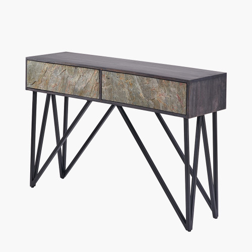 Pacific Lifestyle Verde Black Mango Wood And Stone Veneer 2 Drawer Console Table