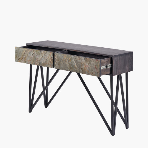Pacific Lifestyle Verde Black Mango Wood And Stone Veneer 2 Drawer Console Table