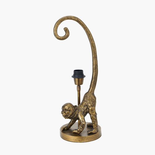 Pacific Lifestyle Vervet Antique Brass Metal Monkey Table Lamp Base With Lino 30cm Black Self Lined Linen Cylinder Lampshade