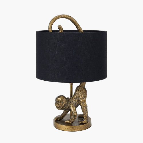 pacific lifestyle Vervet Antique Brass Metal Monkey Table Lamp Base with Lino 30cm Black Self Lined Linen Cylinder Lampshade