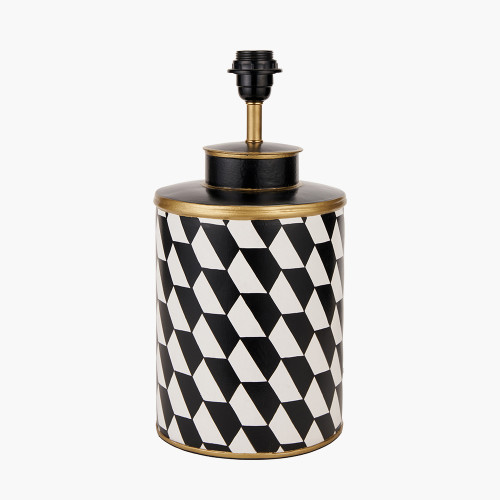 Pacific Lifestyle Victor Black And White Geometric Hand Painted Metal Table Lamp Base With Stellan 35cm Black Slubbed Silk Mix Gold Lined Cylinder Lampshade