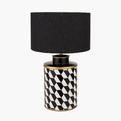 pacific lifestyle Victor Black and White Geometric Hand Painted Metal Table Lamp Base with Stellan 35cm Black Slubbed Silk Mix Gold Lined Cylinder Lampshade