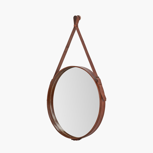 Pacific Lifestyle Vintage Brown Leather Frame Round Wall Mirror