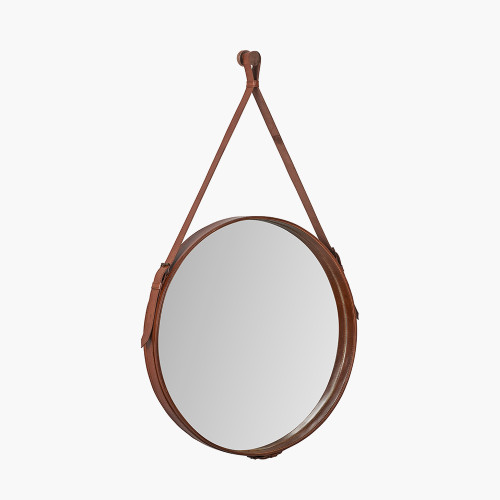 Pacific Lifestyle Vintage Brown Leather Frame Round Wall Mirror