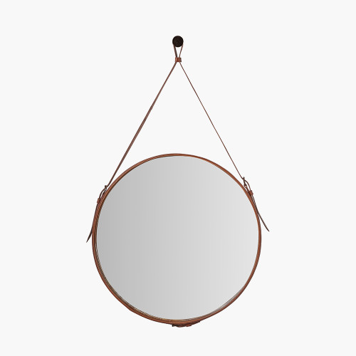 pacific lifestyle Vintage Brown Leather Frame Round Wall Mirror