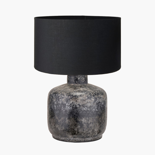 pacific lifestyle Vulcan Textured Volcanic Effect Grey Small Stoneware Table Lamp Base with Harry 30cm Black Cotton Mix Cylinder Lampshade